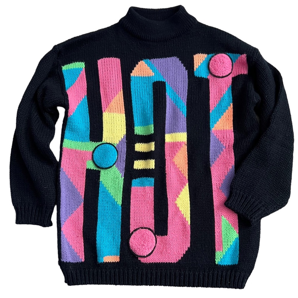 Vintage 80s Currants by Jeri Jo Black + Pastel ‘Hot’ Mock Neck Acrylic Sweater